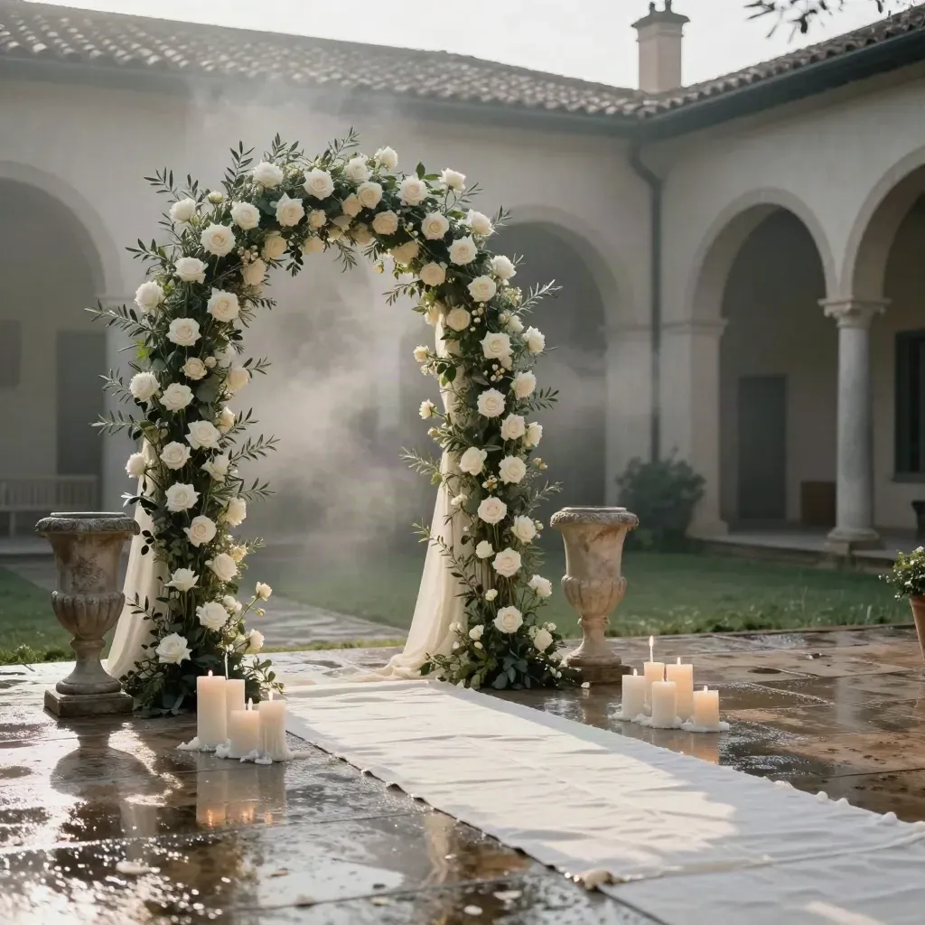 Cerimonia di nozze in villa con arco avorio, rose, candele e luce mattutina dopo la pioggia.