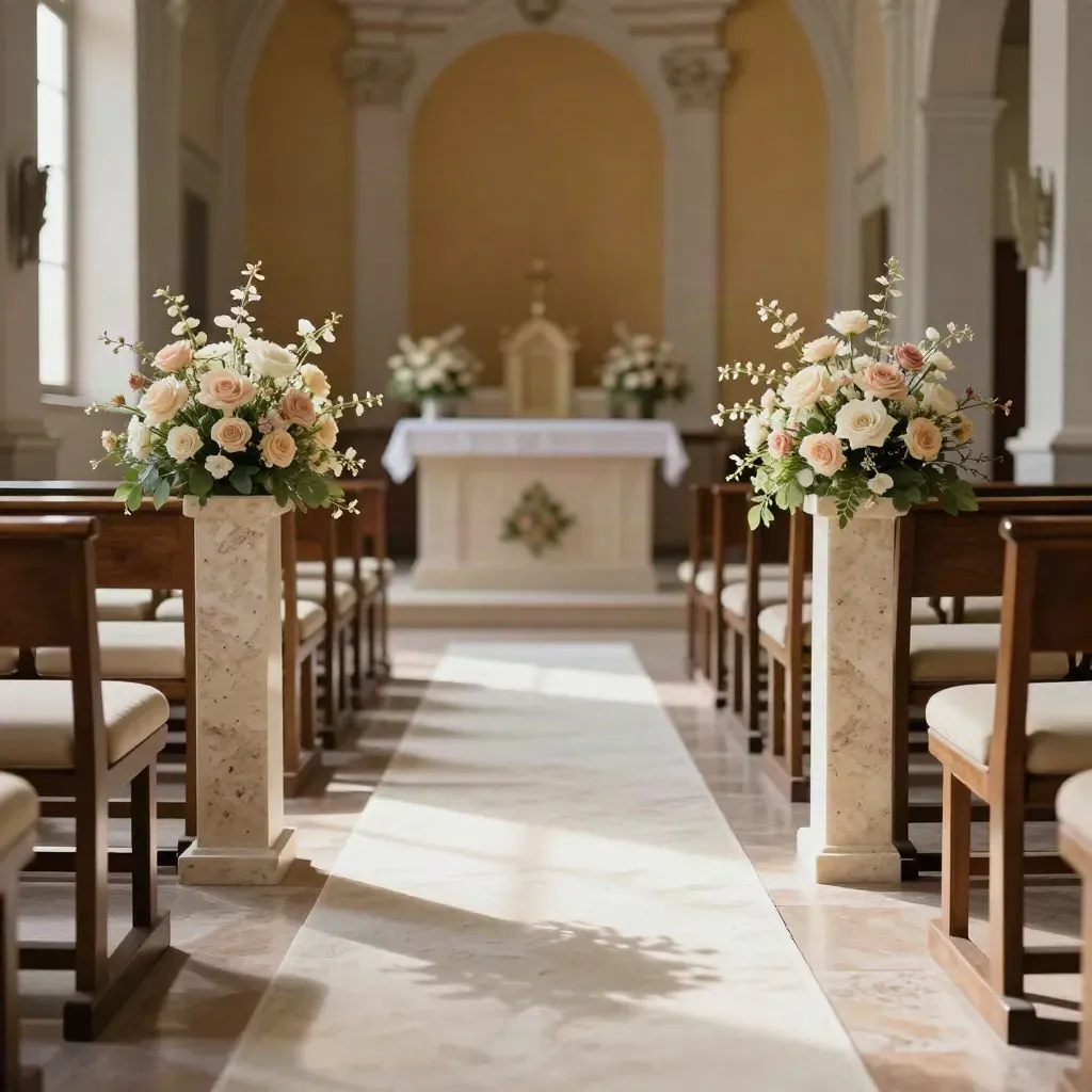 Corridoio cerimoniale in villa con sedie allineate, runner in lino e altare in travertino.