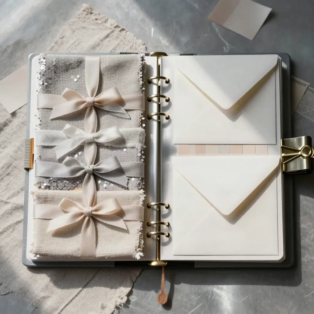 Mood board nuziale con planner aperto, swatch di lino, buste sigillate e clip in ottone.