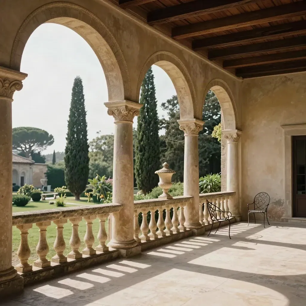 Loggia di villa con balaustra in pietra, cipressi e urne chiare, pronta per il matrimonio
