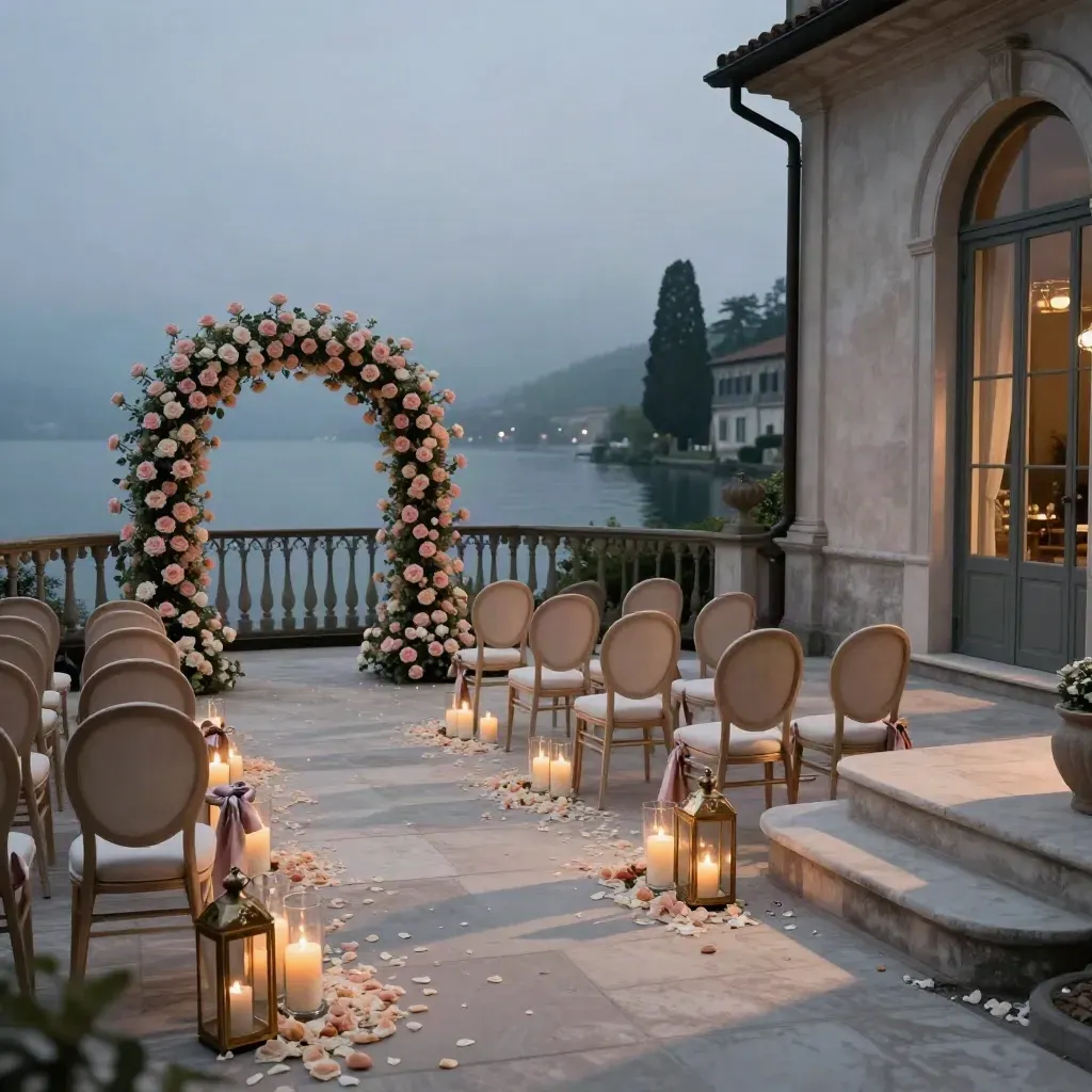 Terrazza sul Lago di Como allestita per la cerimonia al tramonto, con arco di rose e candele.
