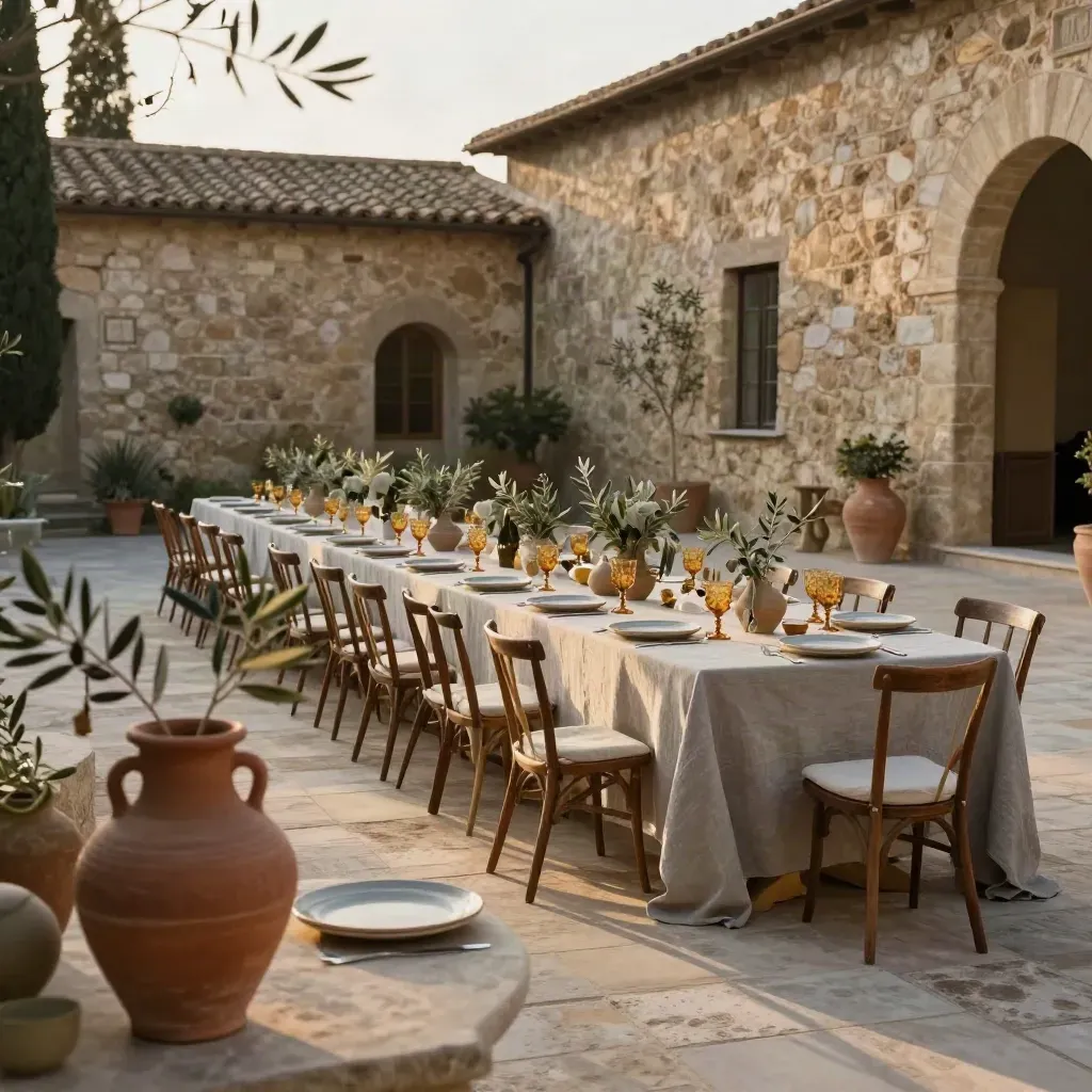 Ricevimento in cortile toscano con tavolo lungo, fiori salvia e vasi in terracotta al tramonto