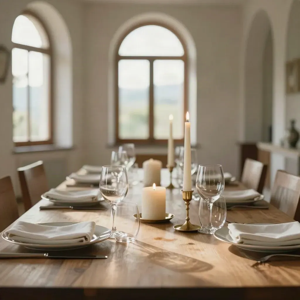 Tavola nuziale allestita in villa piemontese, candele, calici e piatti in ordine sotto luce calda.