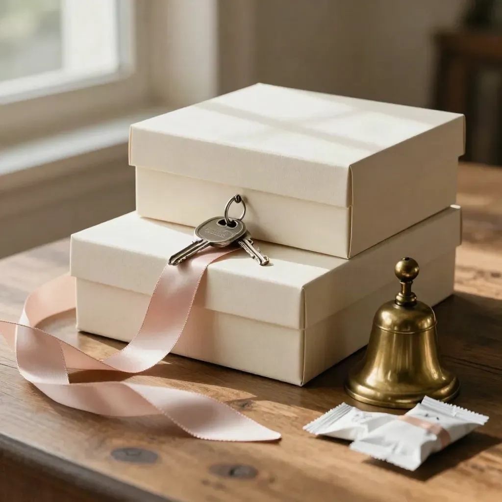Set di benvenuto nuziale con box avorio, fob chiavi, campanello in ottone e pacchetti con nastro.