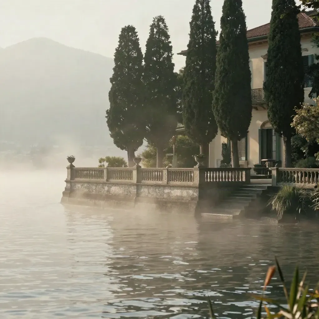Villa sul Lago di Como con cipressi e terrazza in una lieve nebbia mattutina