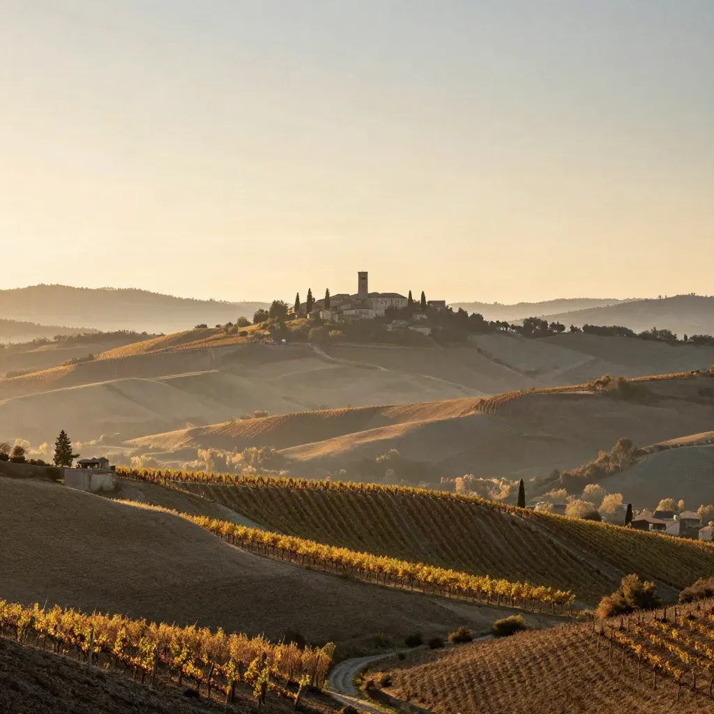 Colline delle Langhe al tramonto con vigneti e borgo in lontananza, luce dorata e foschia