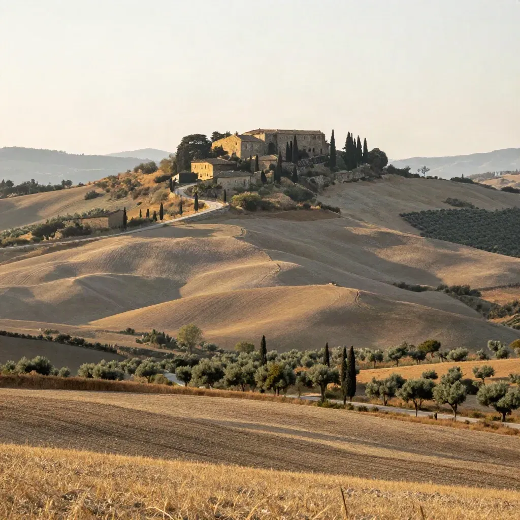 Strada di cipressi verso un borgo in collina, campi toscani dorati nella luce calda.
