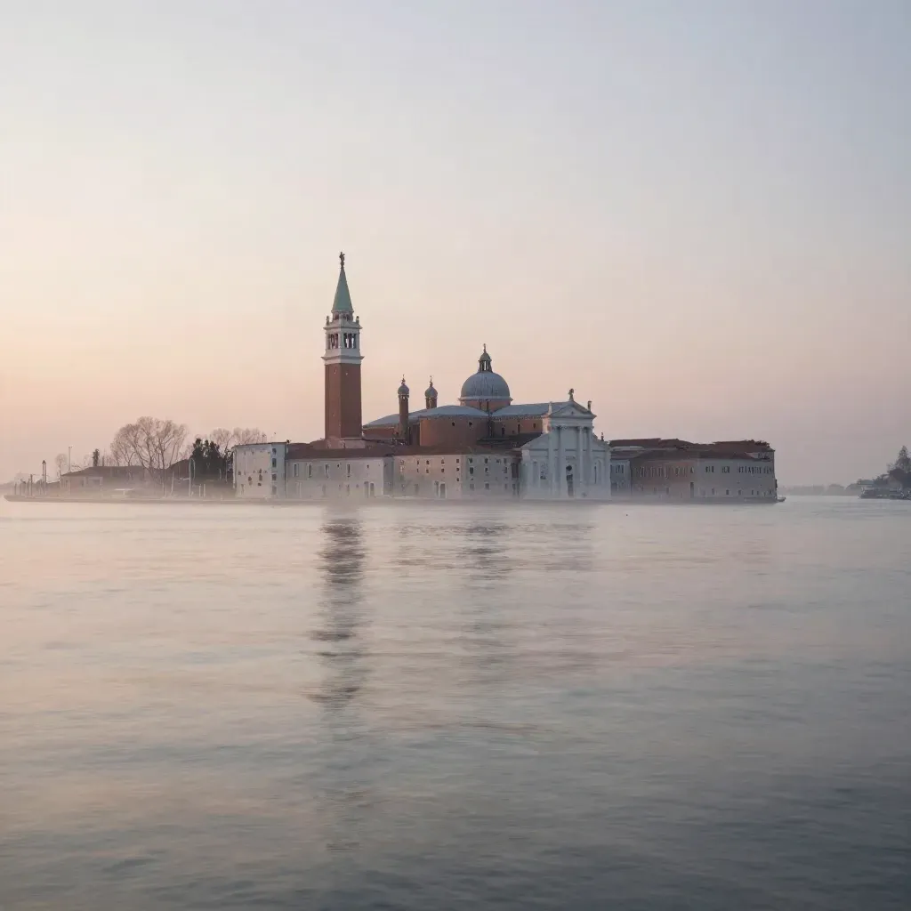 Skyline della laguna di Venezia al tramonto, con San Giorgio Maggiore e campanili nella foschia